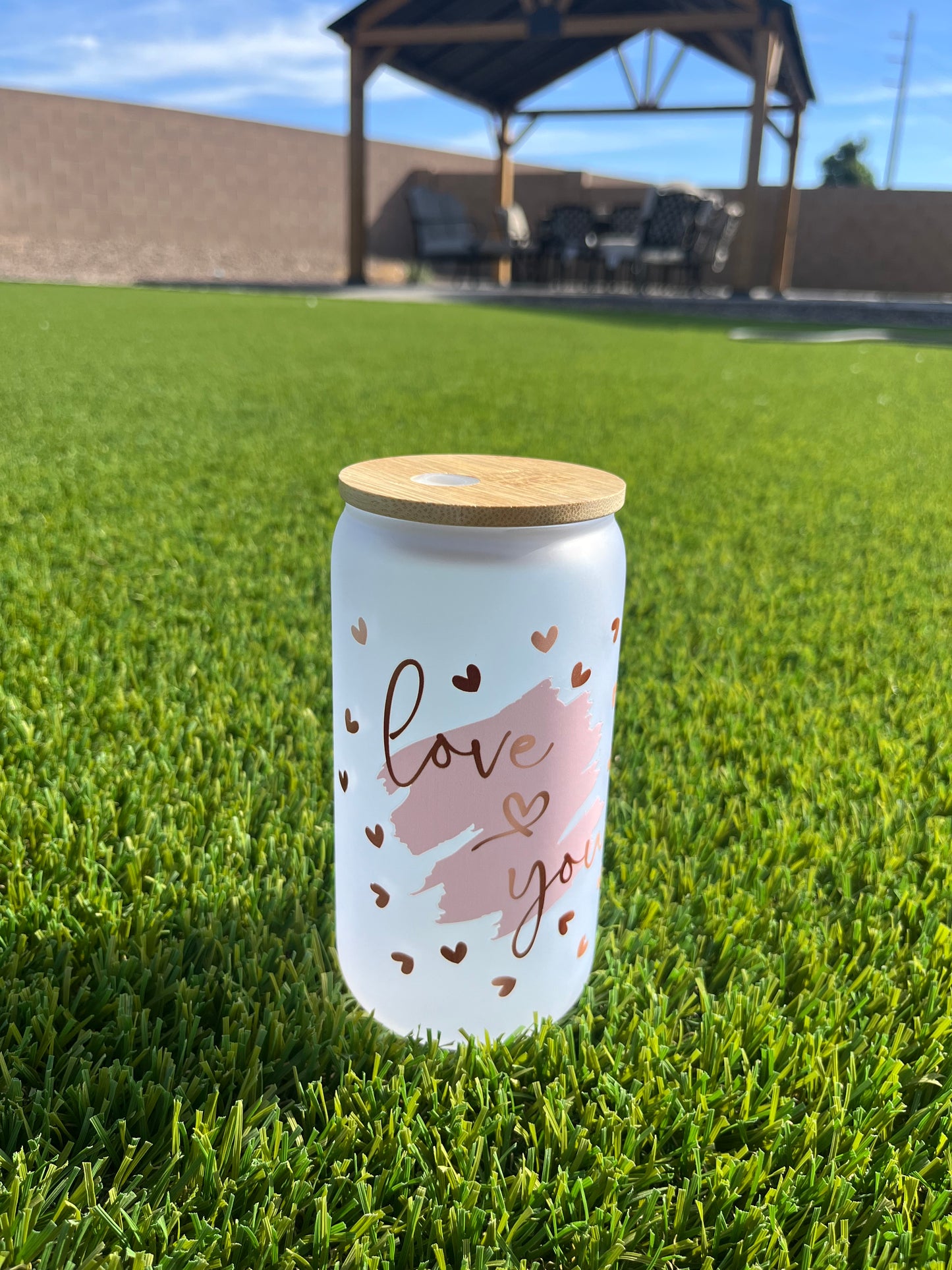 FROSTED GLASS CUP 16oz. (I LOVE YOU/HEARTS)