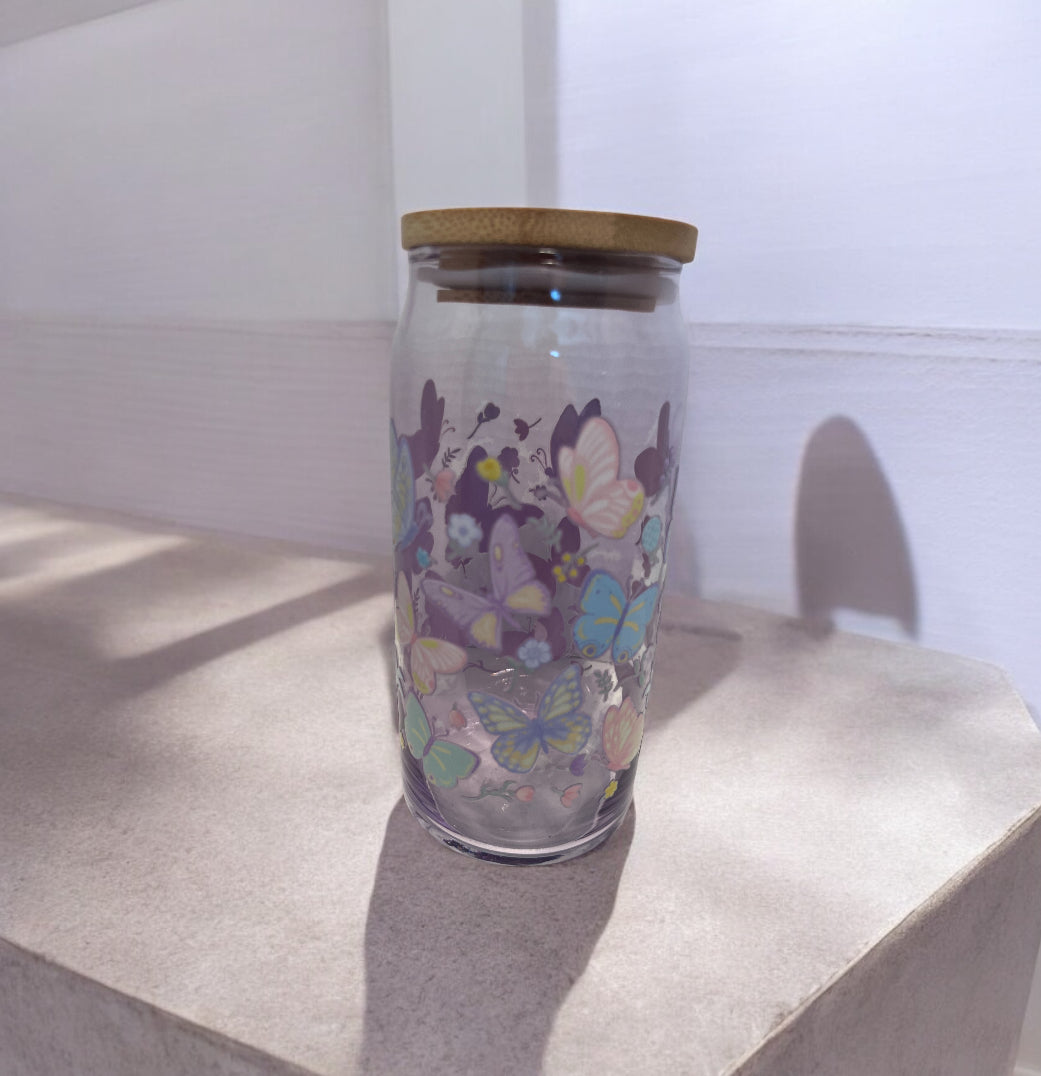 Tall Can Glass Cup Purple "Butterfly"