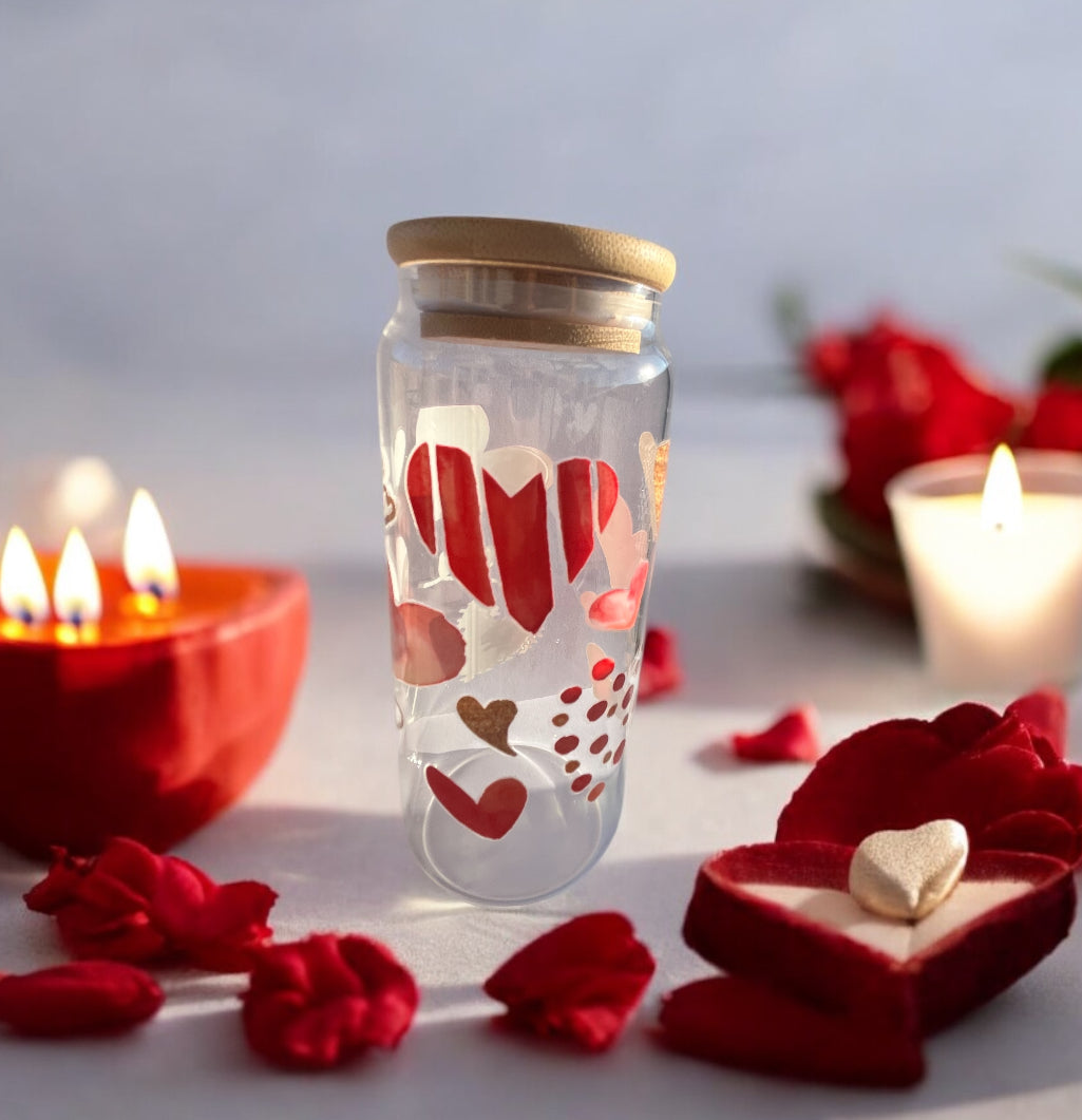 Tall Can Glass Cup Red "Hearts"