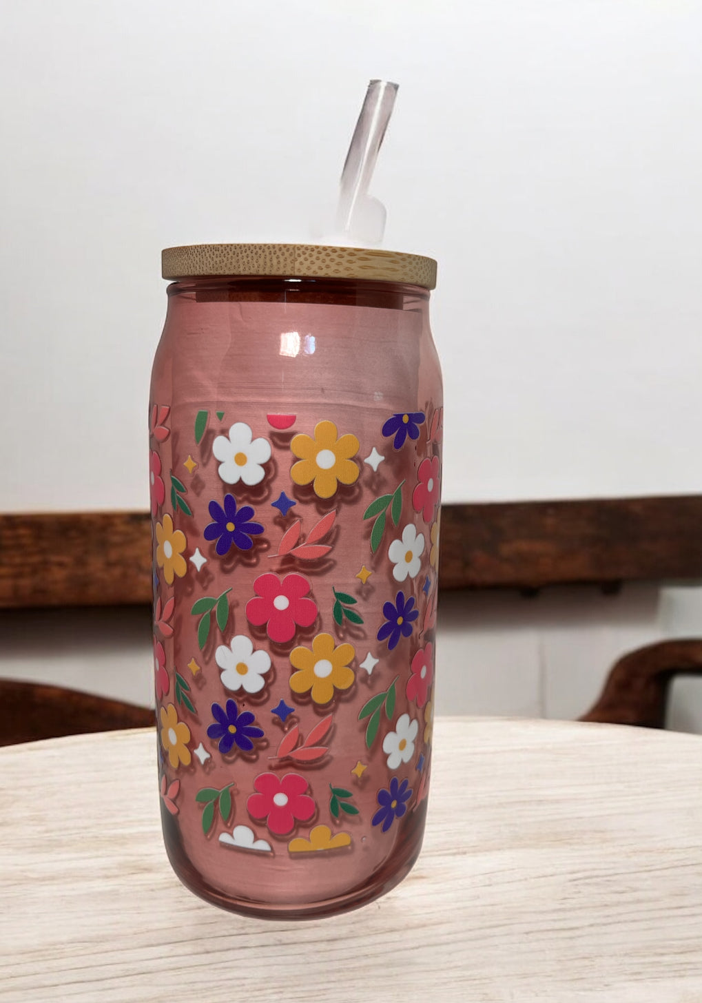 Tall Can Glass Cup Red "Flowers"