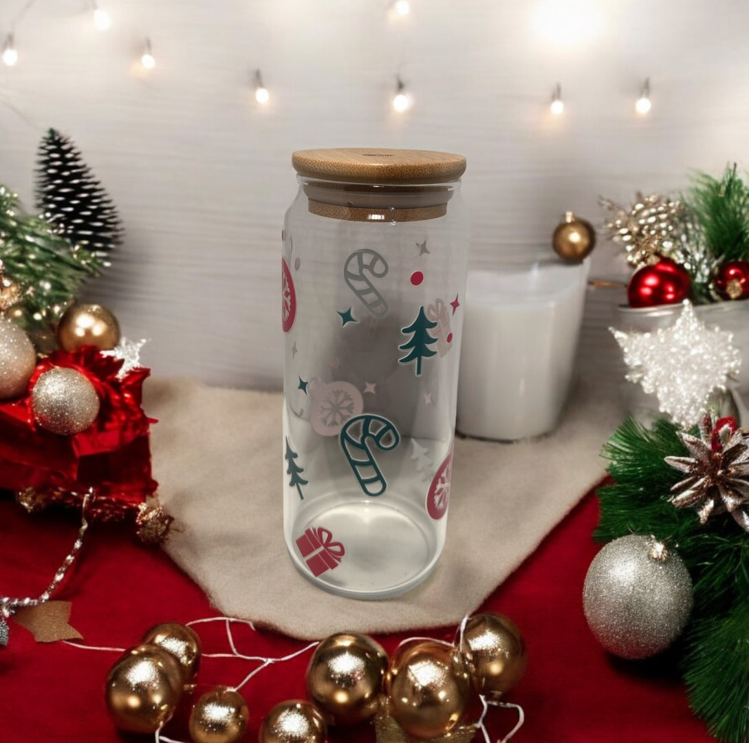 Tall Can Glass Cup "Christmas Candy Cane"