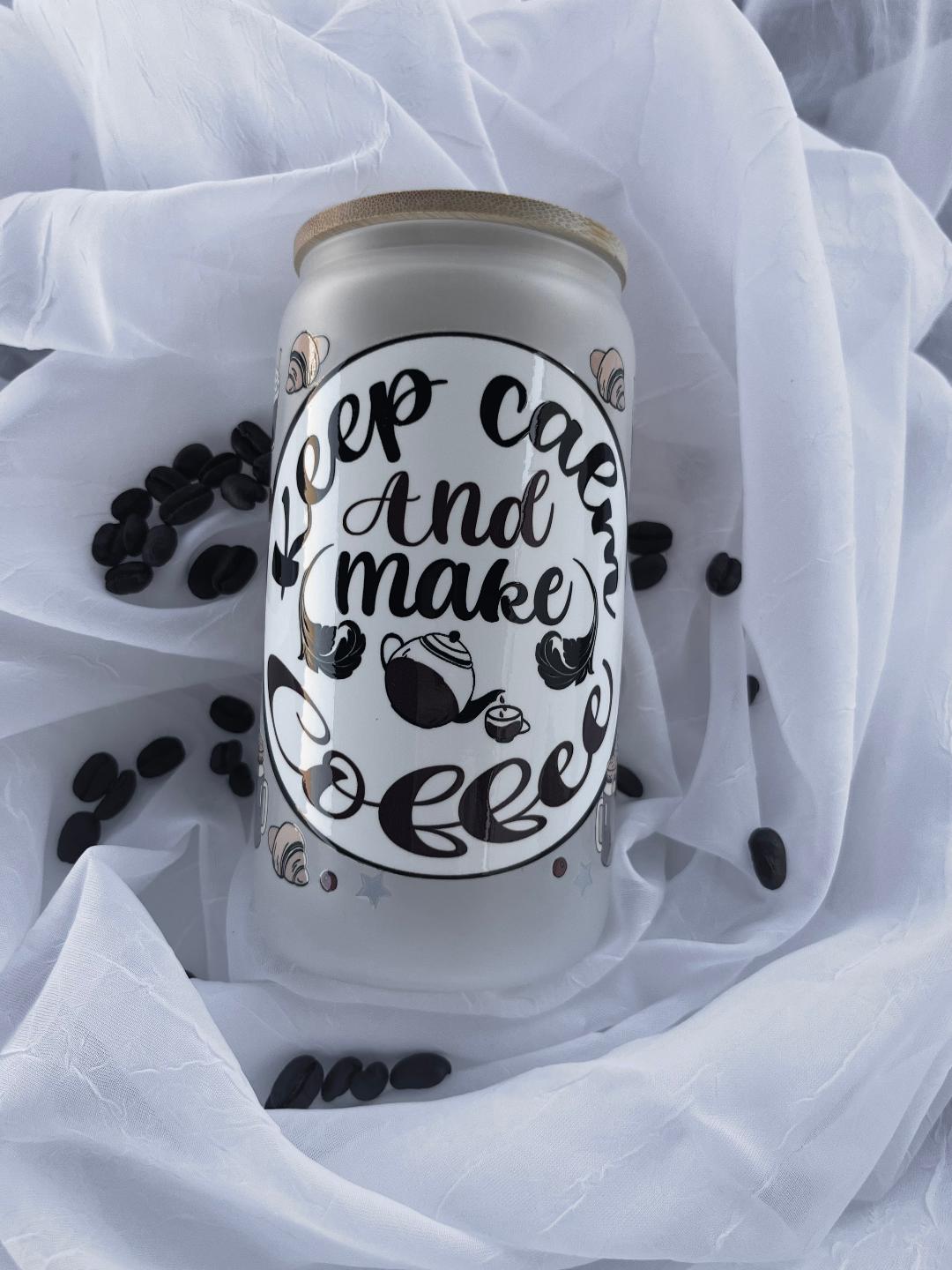 BUNDLE FROSTED GLASS CUP 16OZ “KEEP CALM AND MAKE COFFEE”