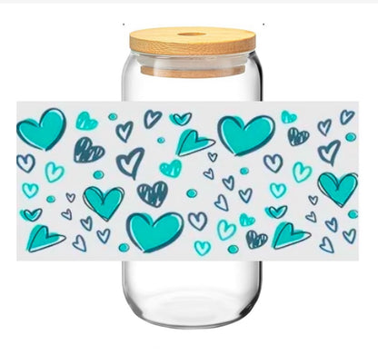 Glass Can Cup 16oz. "Blue Hearts"