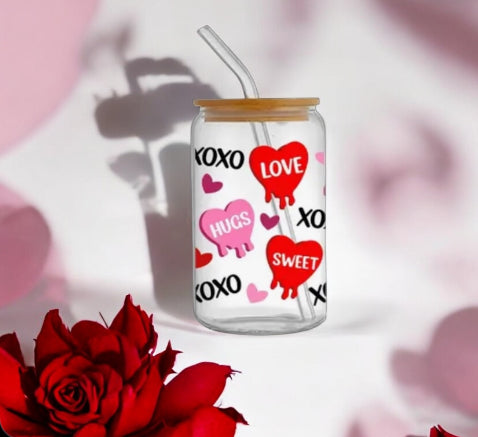Glass Can Cup 16oz. "XOXO Hearts "