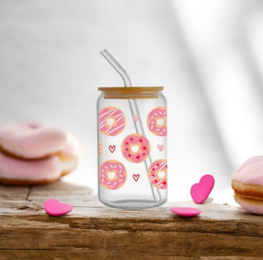 Glass Can Cup 16oz. "Donuts & Hearts"