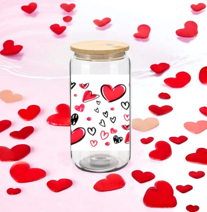 Glass Can Cup 16oz. "Red Hearts"
