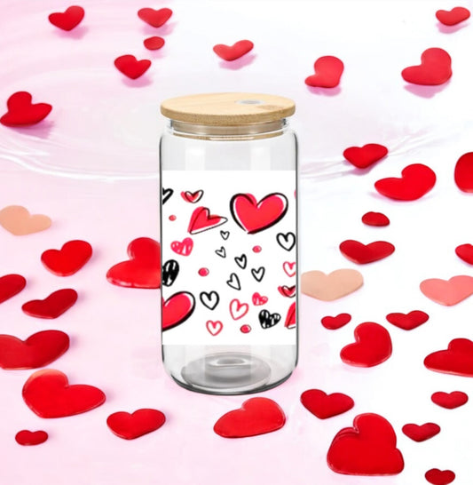 Glass Can Cup 16oz. "Red Hearts"