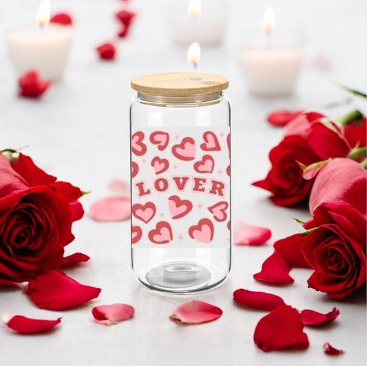 Glass Can Cup 16oz. "Lover Red Hearts"