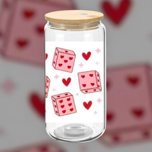 Glass Can Cup 16oz. "Hearts & Dice"