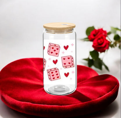 Glass Can Cup 16oz. "Hearts & Dice"