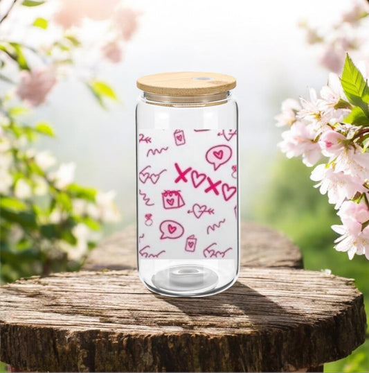 Glass Can Cup 16oz. "Valentine" Pink