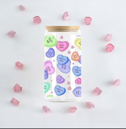 Glass Can Cup 16oz. "Valentine Hearts"