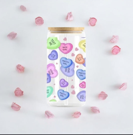 Glass Can Cup 16oz. "Valentine Hearts"